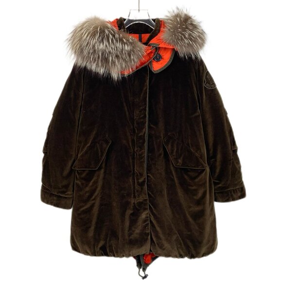Moncler Brown Velvet Parka With Fur Trim & Orange Lining - Picture 1 of 8